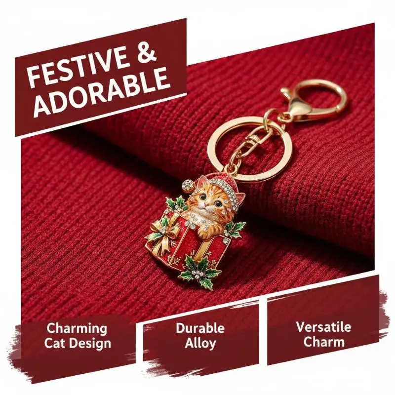 2-farbiger, modischer, süßer Weihnachtsgeschenkbox-Katzen-Schlüsselanhänger für Damen und Herren, Neujahrs-Schlüsselanhänger, Schmuckgeschenke – Detail 14