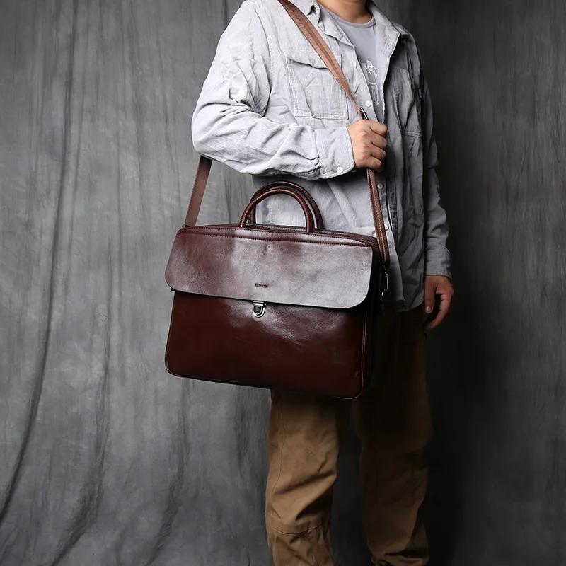 NZPJ Echtes Leder Herren Aktentasche Vintage Natürliche Rindsleder Handtasche Große Kapazität Umhängetasche Lässige Mode Computer Tasche – Detail 4