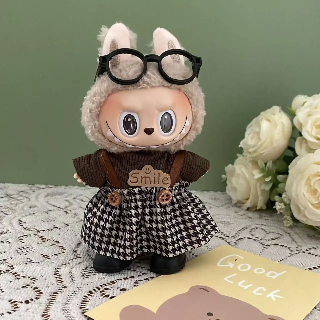 

For 15/17cm Labubu Luxury Large Bow Dress Hat Pants Clothing Set Labubu Mini Doll V1 V2 Clothes Decorations DIY Toy Accessorie