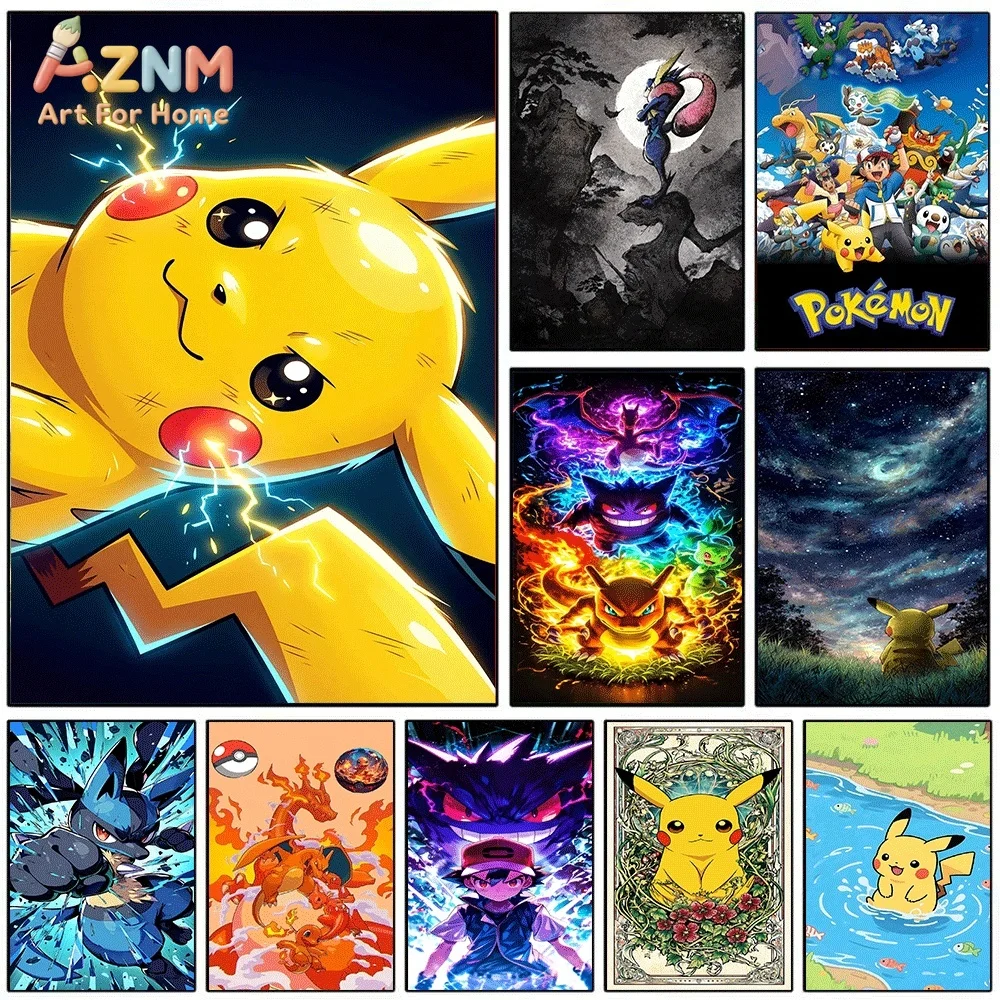 AZNM Cute Pikachu Lightning Effect Anime Canvas Wall Print, Popular Game Character Art Poster, Unframed Canvas Painting for Ki