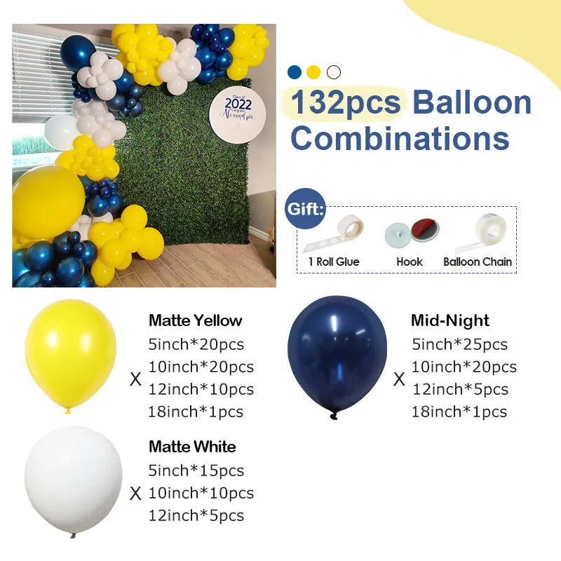 132pcs Navy Blue White Yellow Balloon Garland Kit Bridal Shower Wedding Decoration Baby Shower Gender Reveal Balloon Chain