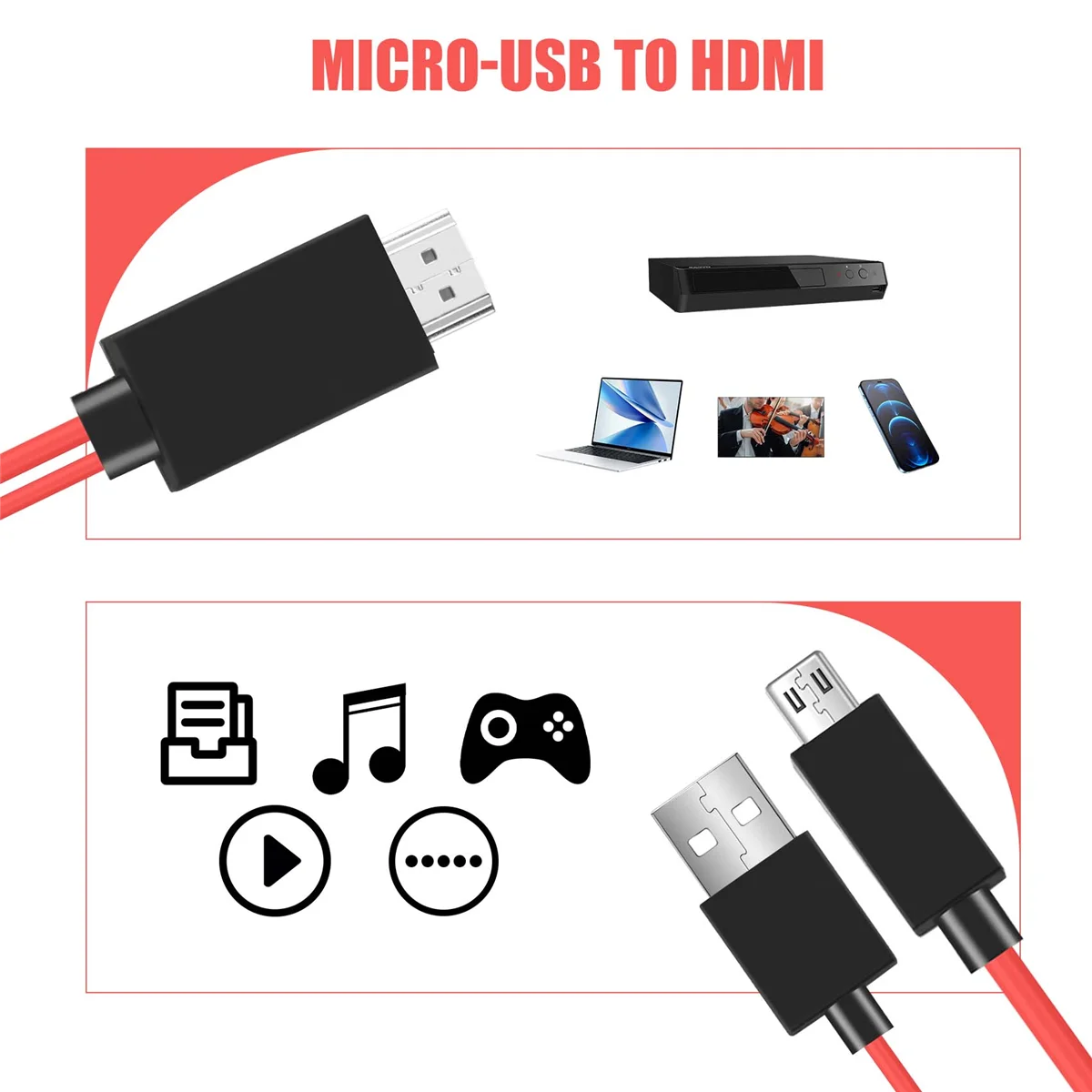 6.5 Feet Micro-USB to Adapter Converter Cable 1080P HDTV for Android Devices Galaxy S3 (11 Pin, Red)