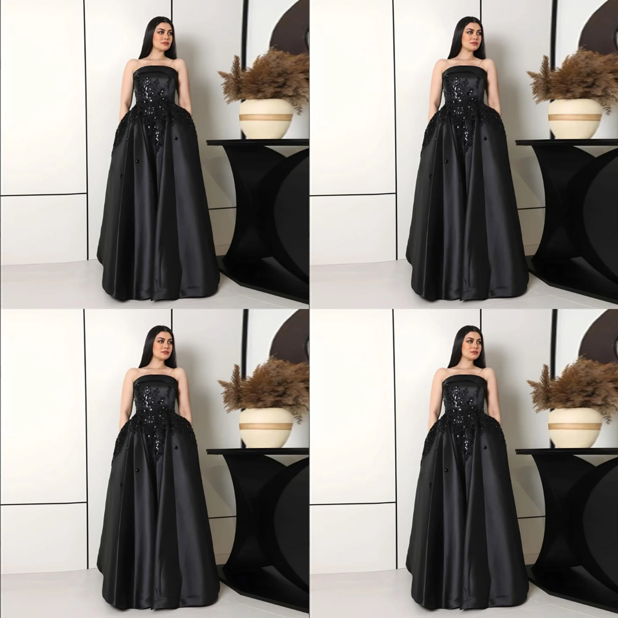 

Classic Boat Collar Satin A-line Draped Floor Length Evening Dress Lace up Back Sequins Lace Party Gown with Pockets Customized