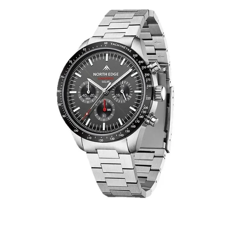 NORTH EDGE LONGWINGS Men's Solar Powered Pilot Quartz Watch, 316 Full Stainless Steel Case, 50M Waterproof Wristwatch with Stopw