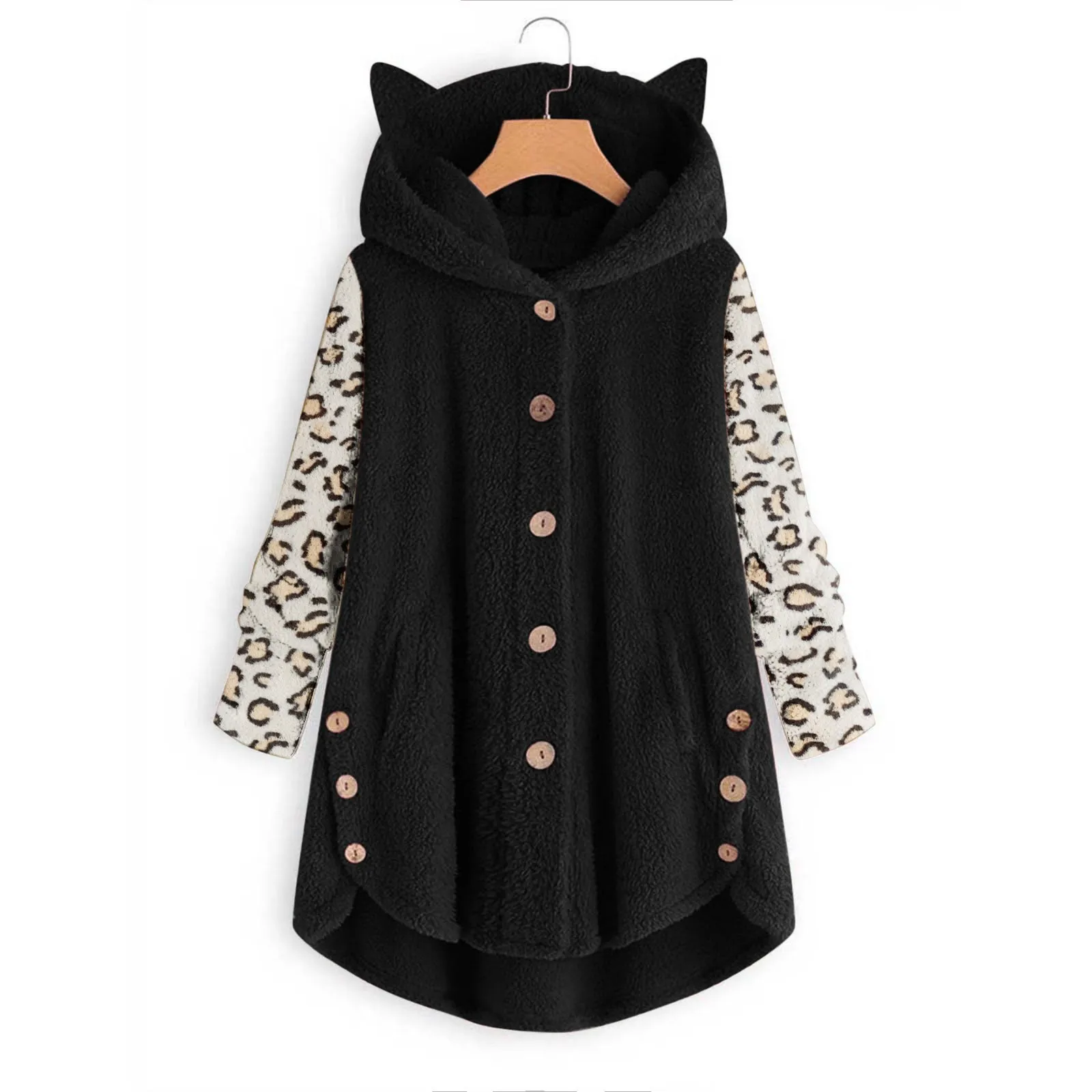 

Women Coat Cat Hooded Leopard Print Stitching Button Autumn And Winter Coat Long CoatFor Women Streetwear Female Jackets