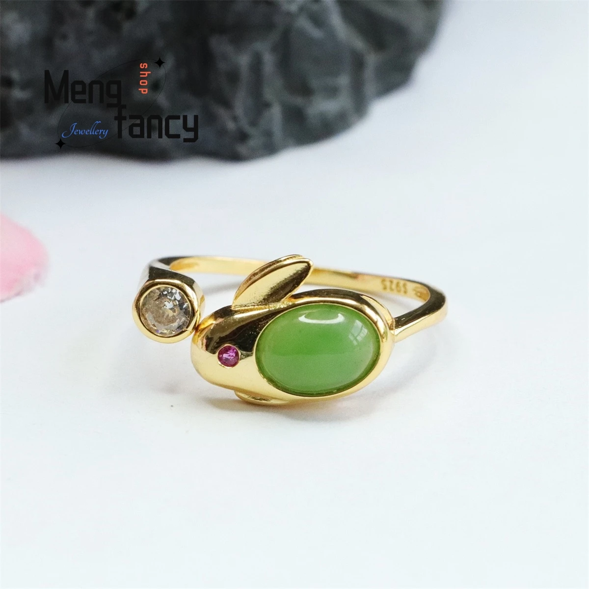 Natural S925 Silver Inlaid Hetian Jasper Rabbit Ring Simple Personalized Fashion Versatile Exquisite Elegant Luxury Fine Jewelry