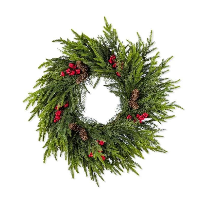 

24" Lifelike Artificial Pine Cypress Wreath with Red Berries & Pinecones for Rustic Christmas Front Door Wall & Home Decor