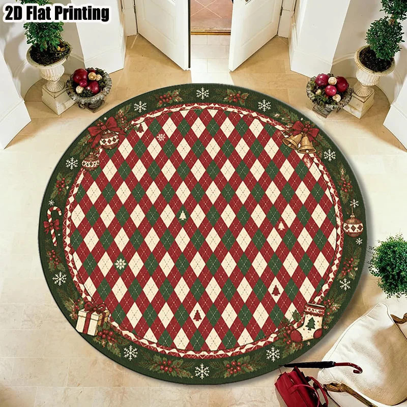 Merry Christmas Round Area Rug Gold Xmas Tree Line Circle Carpet Washable Non Slip Vintage Living Room Floor Decoration