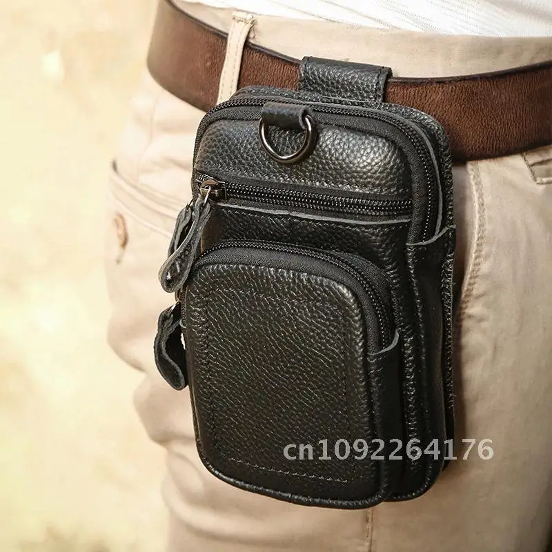 Riñonera de cuero Crazy Horse Vintage para hombre, bolsa de cuero genuino, cinturón de viaje para teléfono, riñonera con lazo para la cadera, bolsos pequeños para hombre