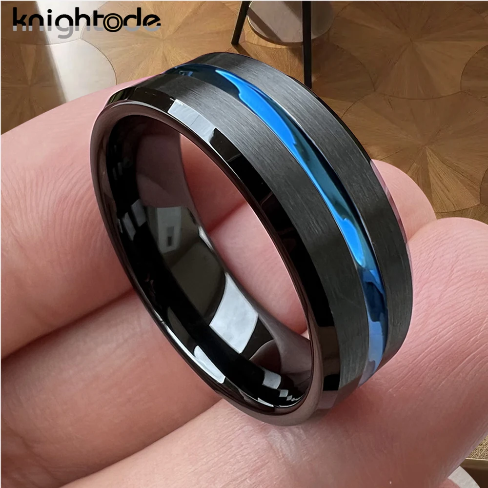 8mm Black Blue Tungsten Carbide Rings Grooved Center For Lovers Wedding Band Simple Brushed Beveled Design Comfort Fit