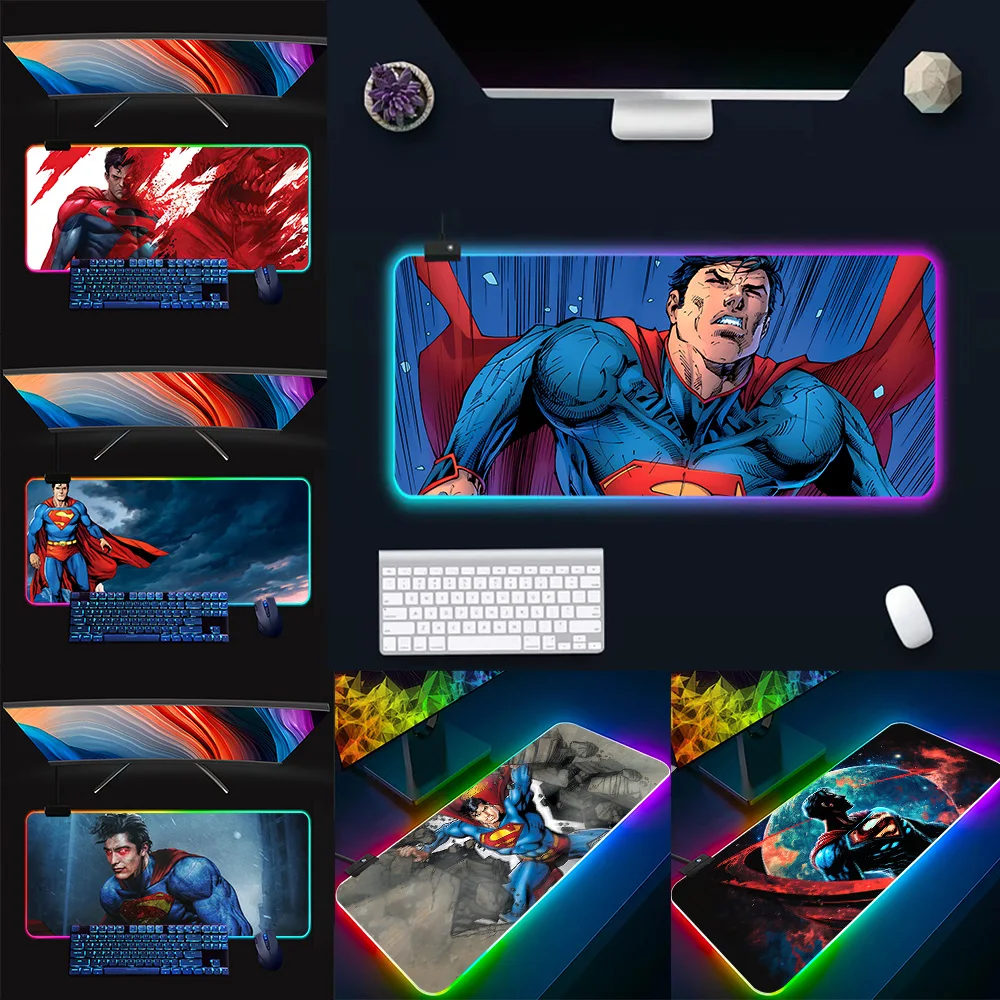 Cartoon S-SupermanS Logo RGB Pc Gamer Keyboard Mouse Pad Mousepad LED Glowing Mouse Mats Rubber Gaming Computer Mausepad