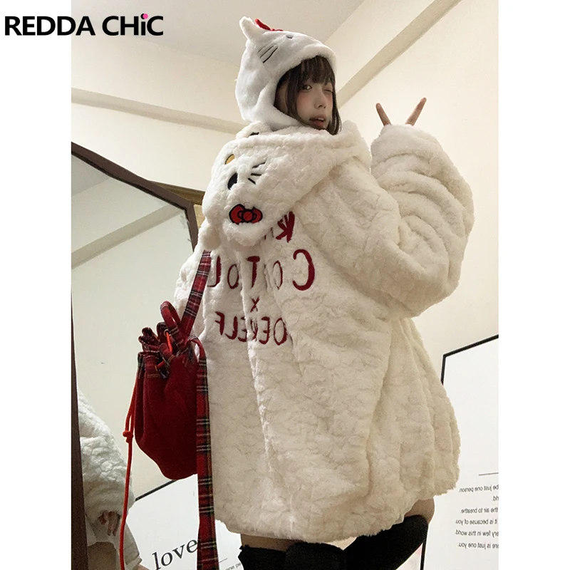 

ReddaChic Lolita Girl Cat Ears Hooded Plush Jacket Women Cartoon Zip-up Teddy Fuzzy Warm Winter Coat Y2k Oversized Outerwear