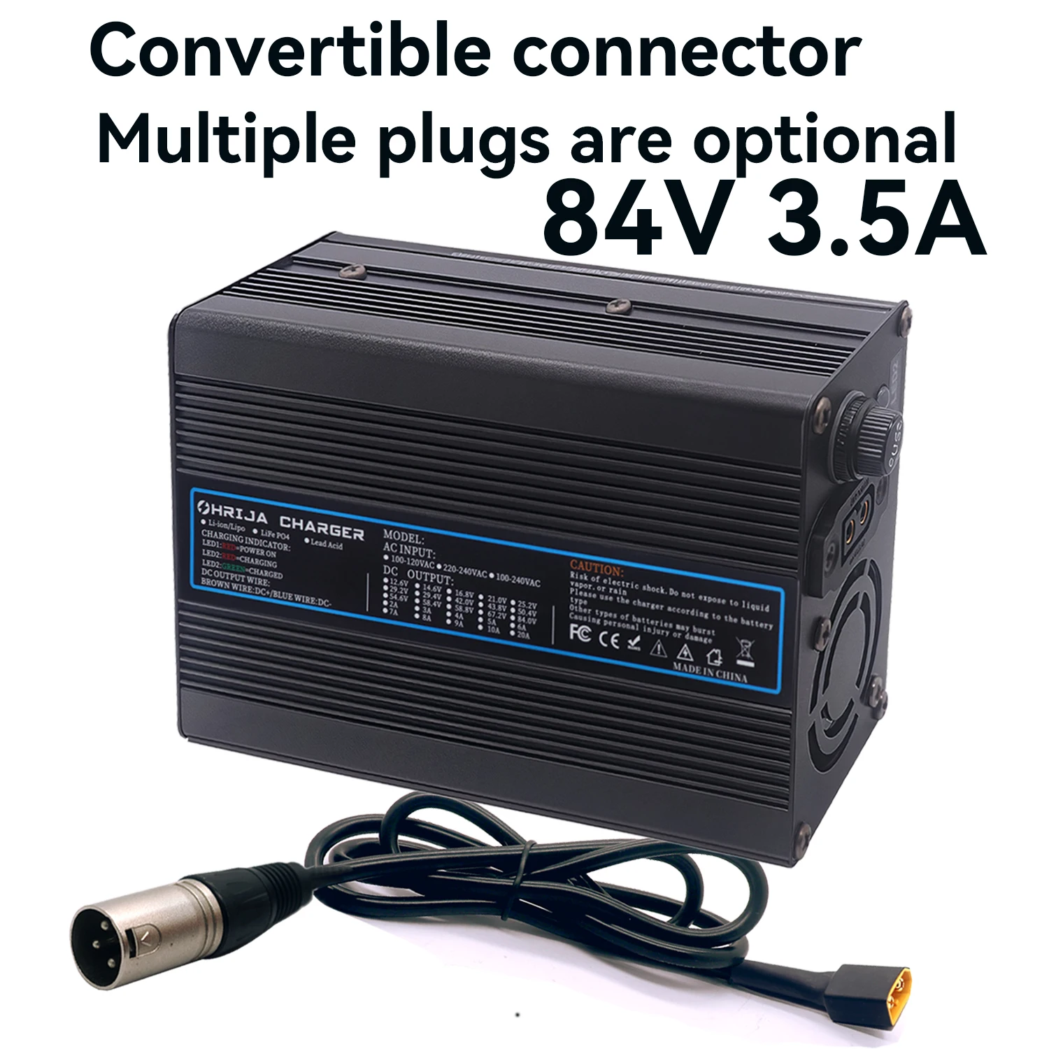 

Detachable connector 84V 3.5A Aluminum case Lithium Battery Fast Charger For 20S 74V eries Lithium Battery Charger Cooling fan