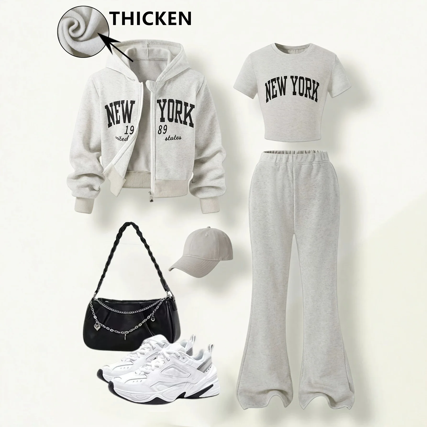 Kids 3-Piece Set – Hooded Zip Jacket, Round Neck Top & Bell-Bottom Pants, Autumn Winter Casual Wear for Girls