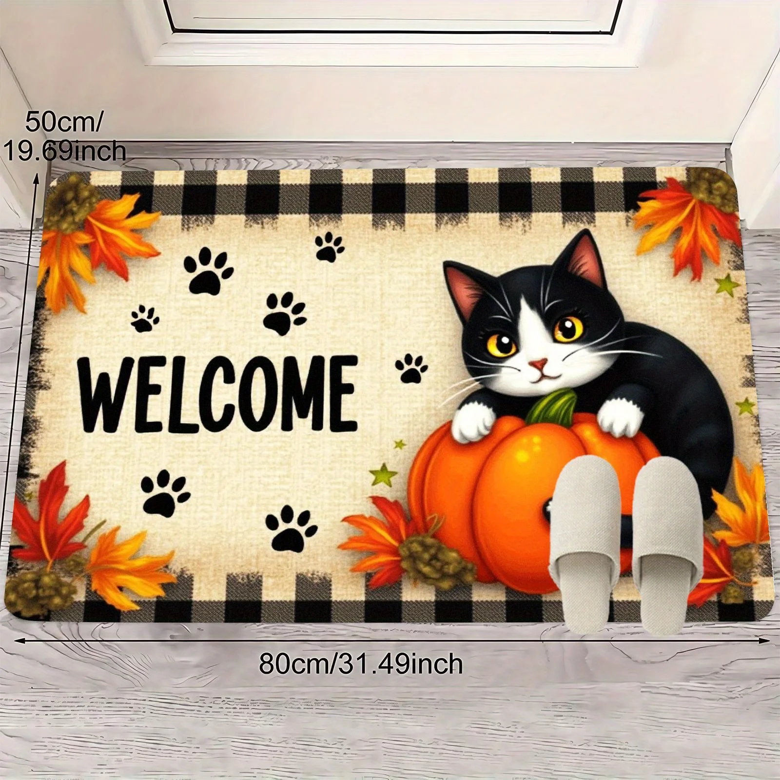 Autumn Cat Paw Pumpkin Maple Leaves Welcome Doormat Fall Entrance Floor Mat Thanksgiving Decor Living Room Bedroom Non-slip Rugs