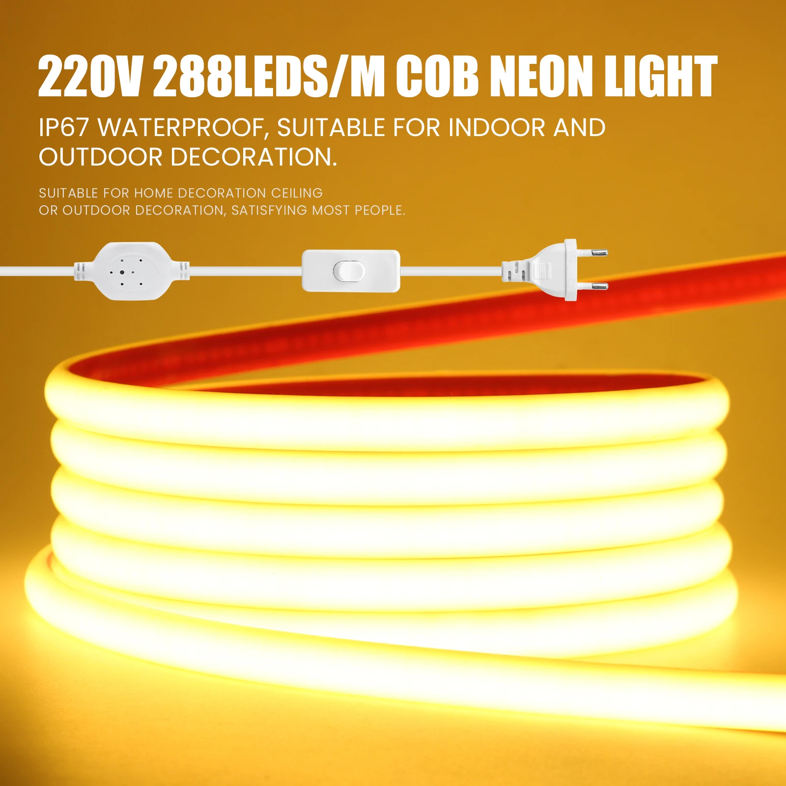 220V COB Neon LED Strip Light With ON OFF 288LEDs/m High Density RA85 Waterproof Outdoor Garden Kitchen Room COB Linear Lights