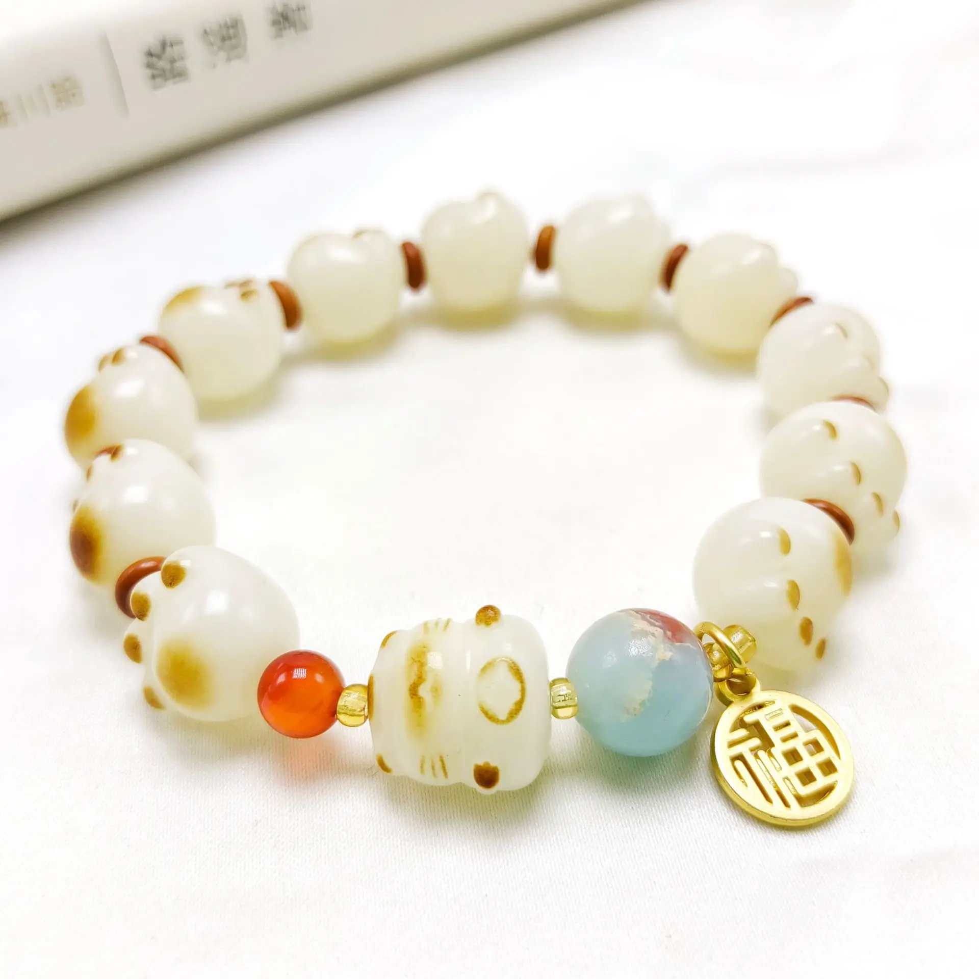 1pc Exquisite Cat Claw Lucky Calling Wealth Cat Circle Fashion Natural Stone Polychrome Color Beaded Bracele Woman Party