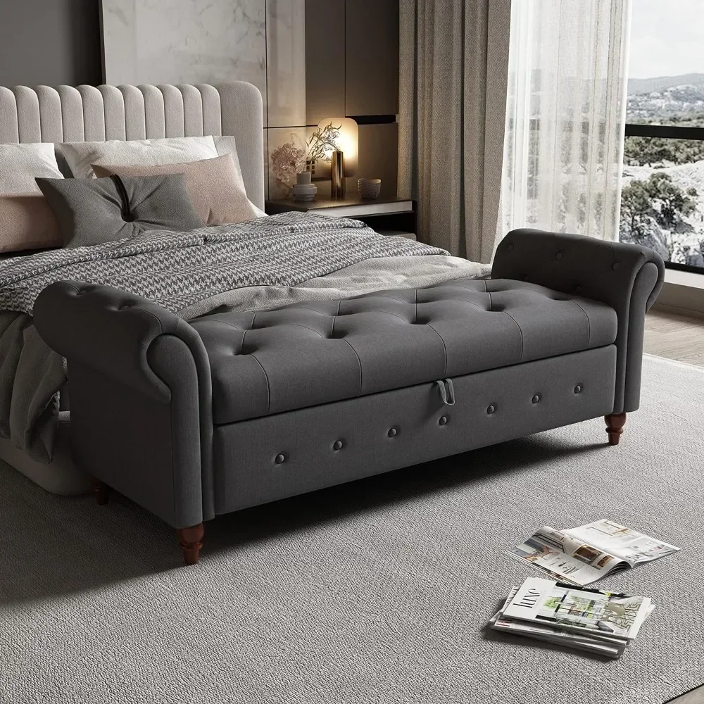 Tufted Storage Bench for Bedroom End of Bed, Upholstered Storage Ottoman Benches, Rolled Arm Window Bench Seat