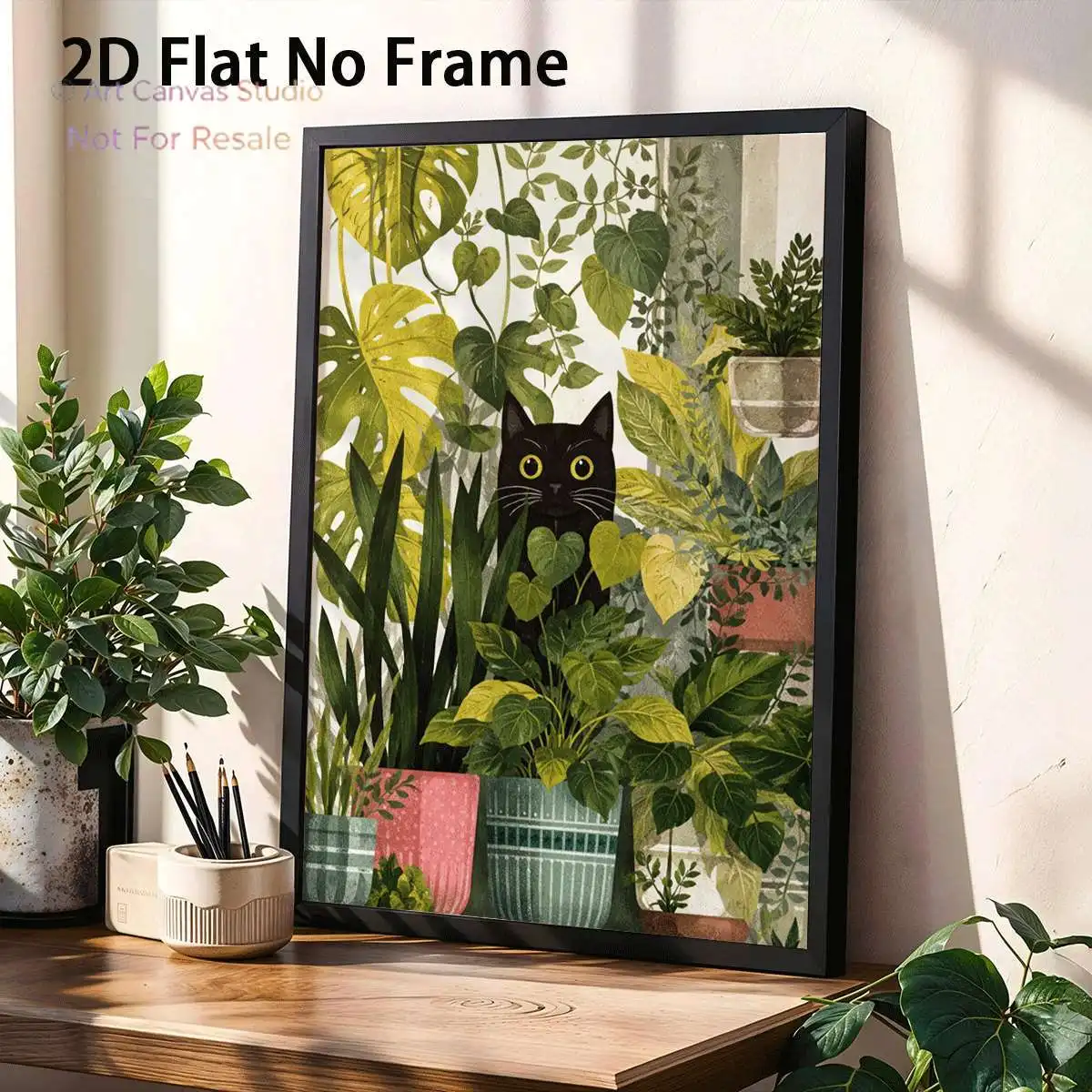 2D Flat, 2D Flat, 1pc 2D Flat Prints Featuring Black Cat Garden Art in a Mid-Century Modern Style, Unframed Canvas Prints Ide