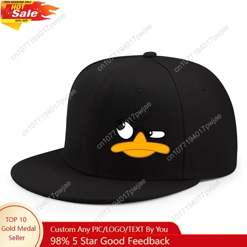 [Gorra ajustável] Boné de beisebol ajustável preto com design de rosto de pato |   Chapéu casual urbano de acrílico respirável para esportes ao ar livre