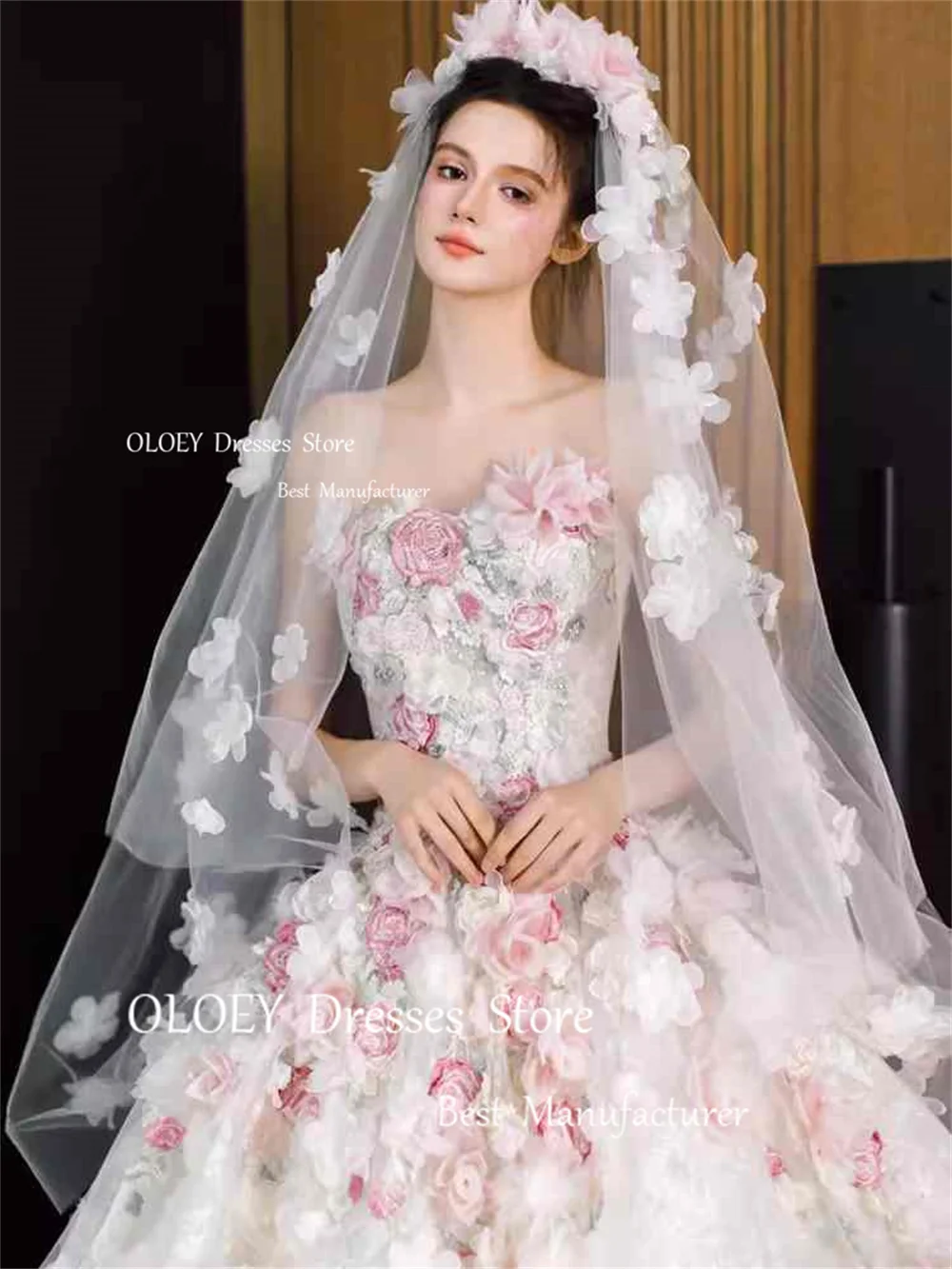 OLOEY Exquisite Strapless Wedding Dresses Photoshoot 3D Appliques Embroidery Tulle Bridal Gowns Floor Length Sweep Train Custom