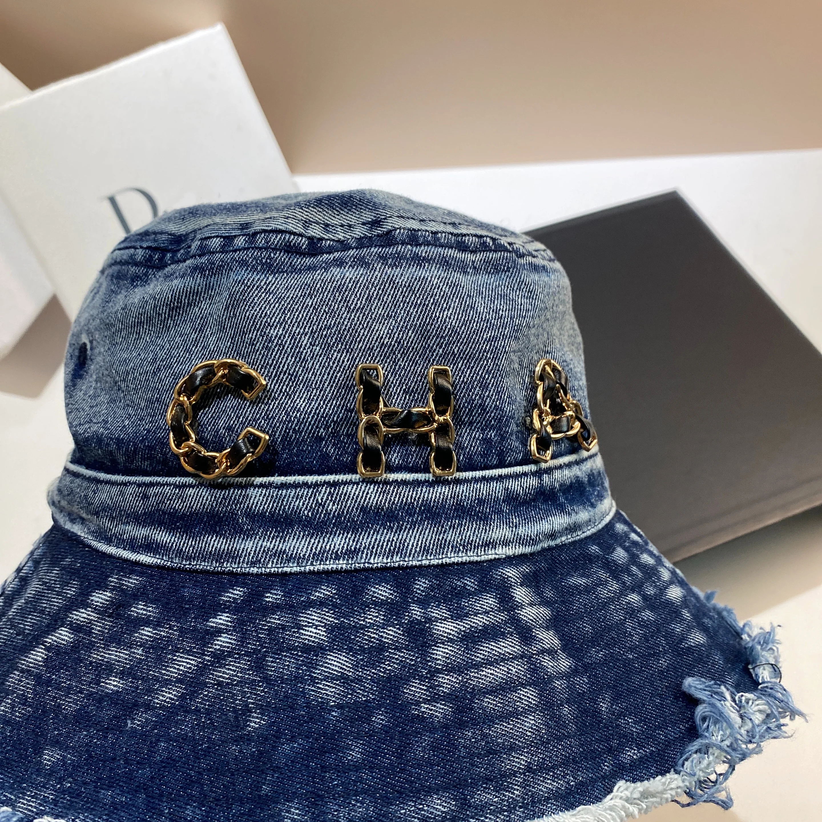 CHA letter washed denim fisherman hat fashion fringed large brim casual pot hat spring and summer travel visor hat