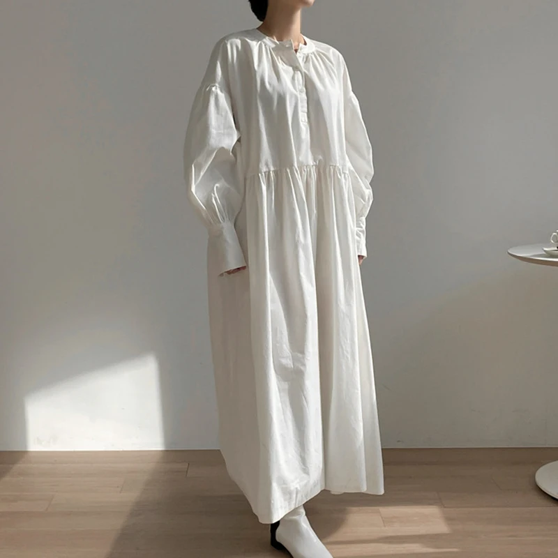 Tapis Chic rond Ne t-shirt bouton Design taille ample lanterne Sve couleur longue Dr femmes coréen Sle trajet