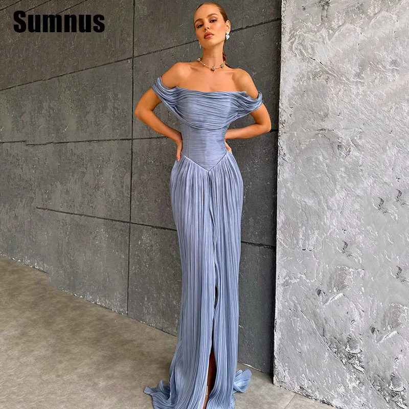 

Sumnus Очаровательное платье русалки для выпускного вечера Dusty Blue с открытыми плечами и складками по бокам Вечернее платье فساتين سهرة по индивидуальному заказу