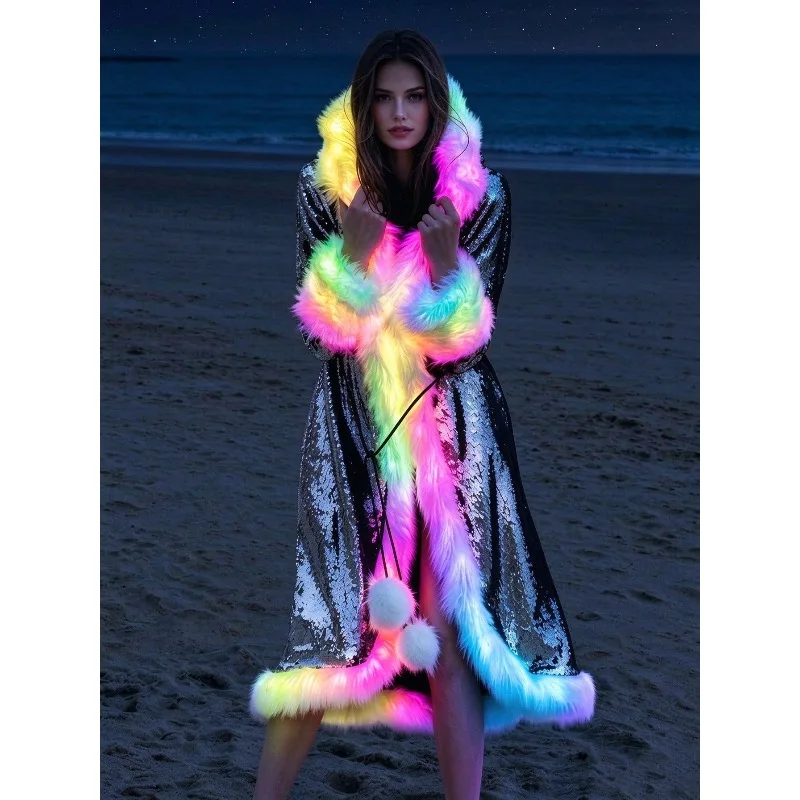 LED Light Up Sequin Long Coat with Faux Fur Trim Women Shiny Long Jacket Rave EDM Festival Christmas Clubwear Party Costume