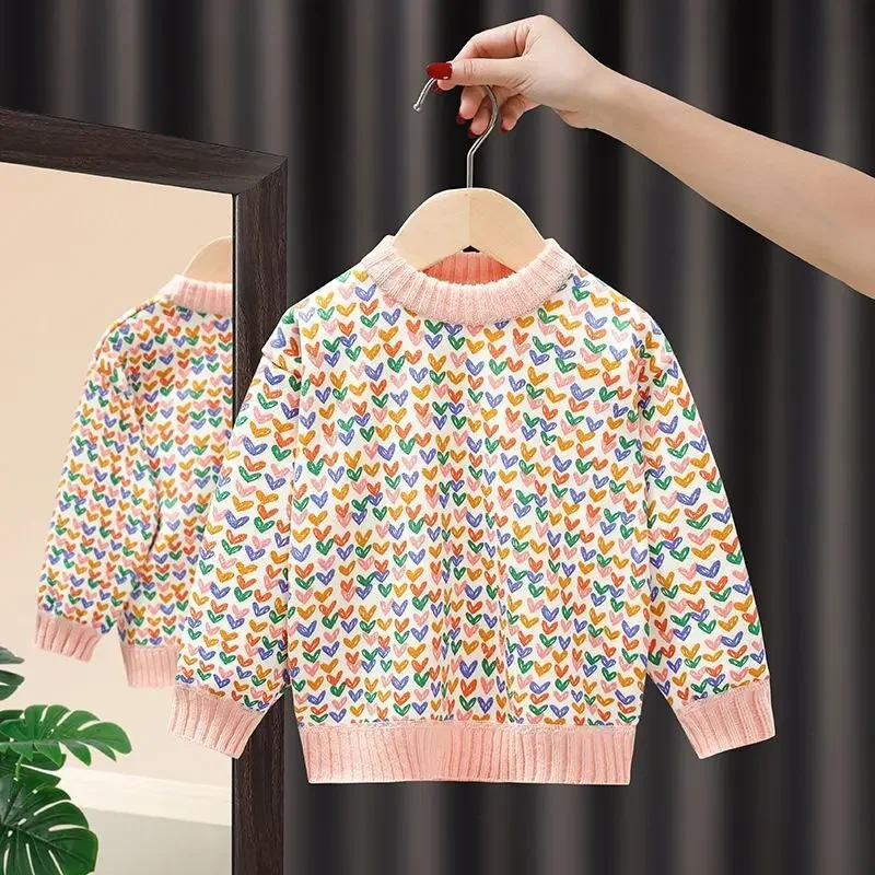 Children's Sweaters Padded Fleece Base Tops 1-7 Y 2024 Autumn New Heart Girl's Knit Pullover Kid's Thickened Sweater Tops