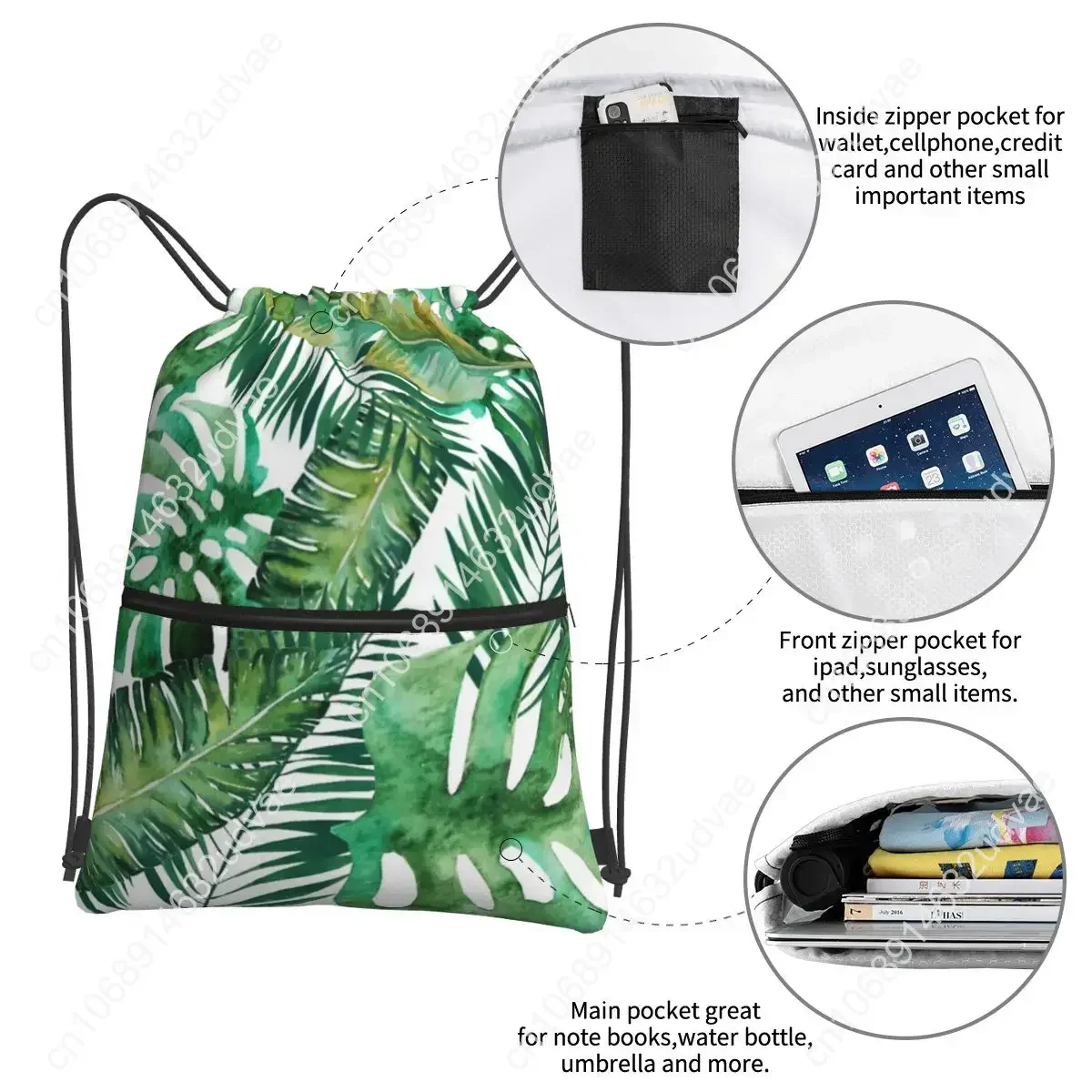 Monstera Banana Palm Leaf Portable Backpacks Drawstring Bag Casual Drawstring Bundle Pocket Storage Bags For School Students