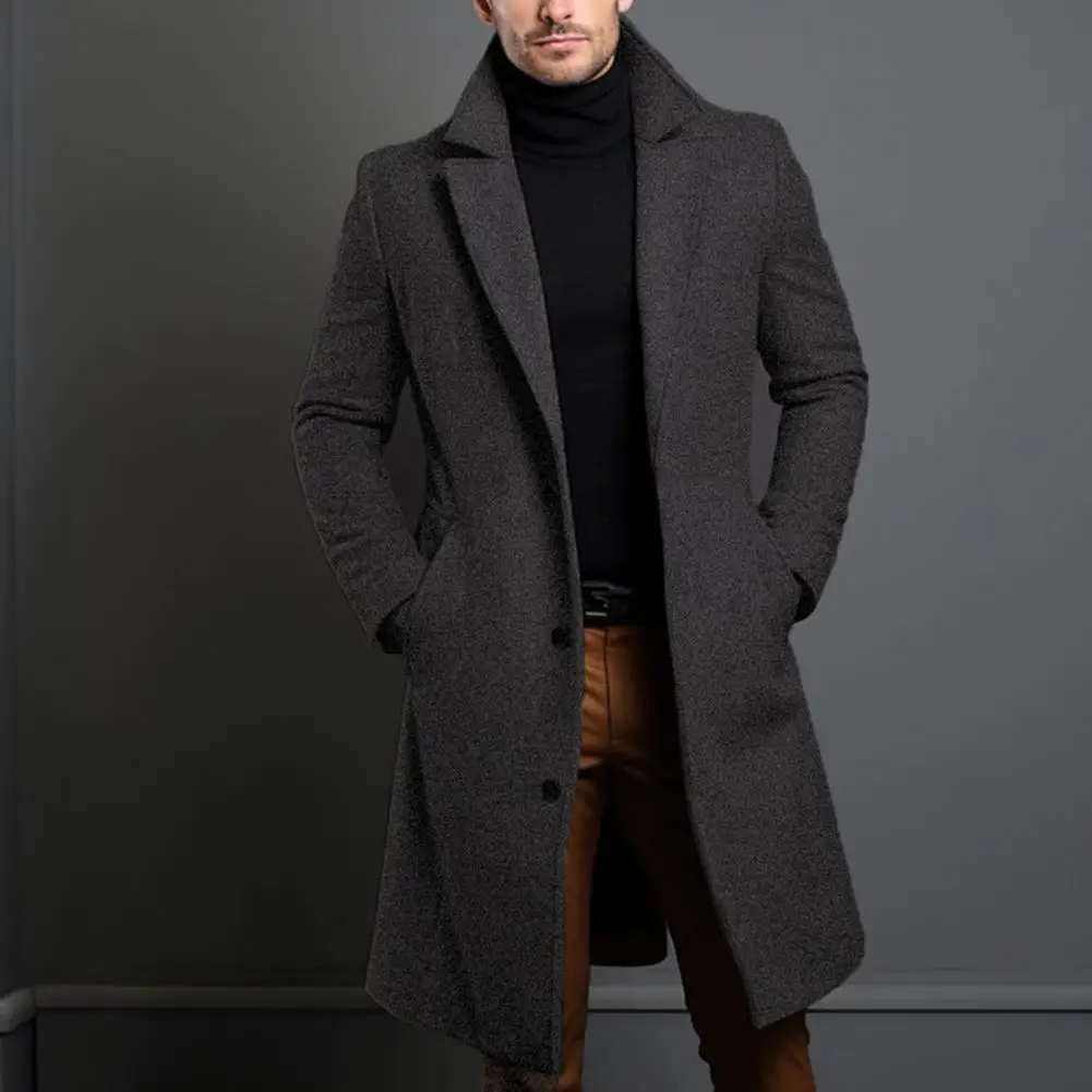 Men Woolen Coat Stylish Men's Woolen Coat with Lapel Collar Pockets Mid-length Windbreaker for Autumn Winter Single Breasted