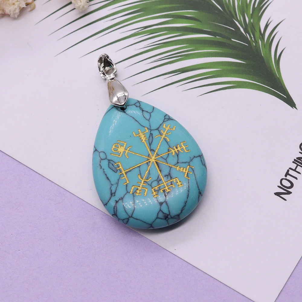 Multiple Styles of Natural Stone Polished Teardrop Pendant Single-Sided Golden Viking Rune Pattern Design Necklace Accessory 1pc
