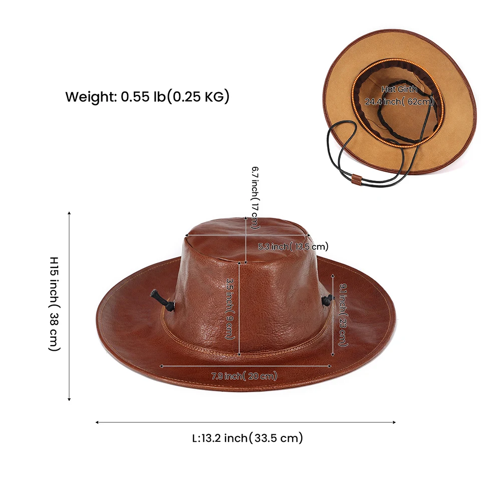 JOYIR Genuine Cow Leather Western Cowboy Hat Solid Leather Country Hat Classic Jazz  Felt Hats Retro Knight Hats For Men