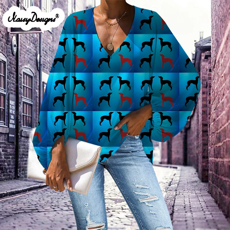 Summer Women Red Blouse Shirt Long Sleeve Greyhound dog Prints V-neck Fashion Trendy Tops Lady Blusas Mujer de Moda Dropshipping