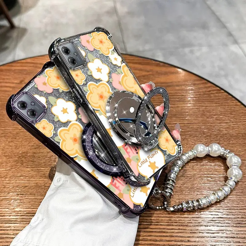 

G54 Yellow flowers Plating Bracelet Holder Phone Case For Motorola G54 G71S G20 G10 G64 G54Powe G84 G52 G82 G30 Cover