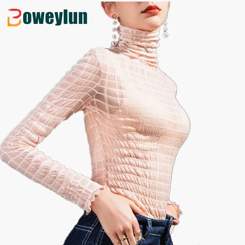 

Boweylun Stacked Collar Plaid Lace Mesh Bottoming Shirt Women Slim Inner Long-sleeved Shirt Grils