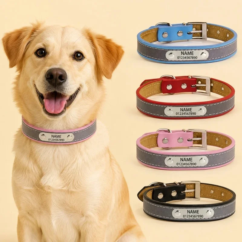 Personalized Leather Dog Collar Custom Engraved ID Tag Reflective Pet Collars for Small Medium Large Dogs