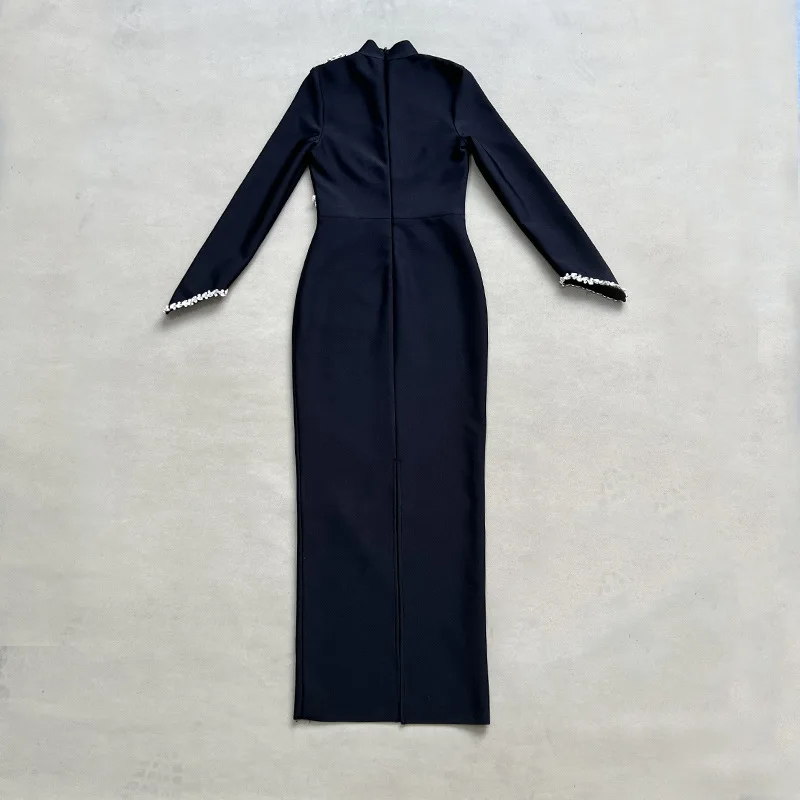 Brillant cristal moulante longue robe de pansement noir rouge femmes à manches longues robes élégante soirée Cocktail tenue Vestido