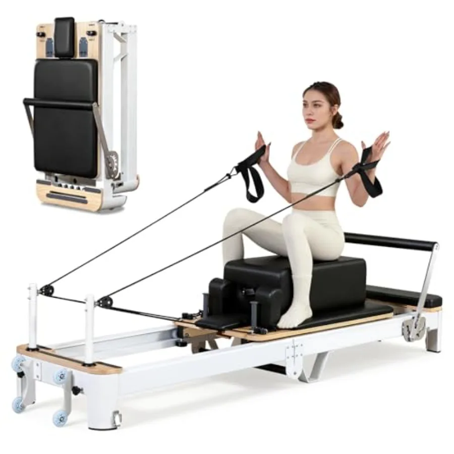 

Складной алюминиевый пилатес-реформер 94 дюйма с 6 пружинами, быстросборный, студийного класса, черный, с сиденьем