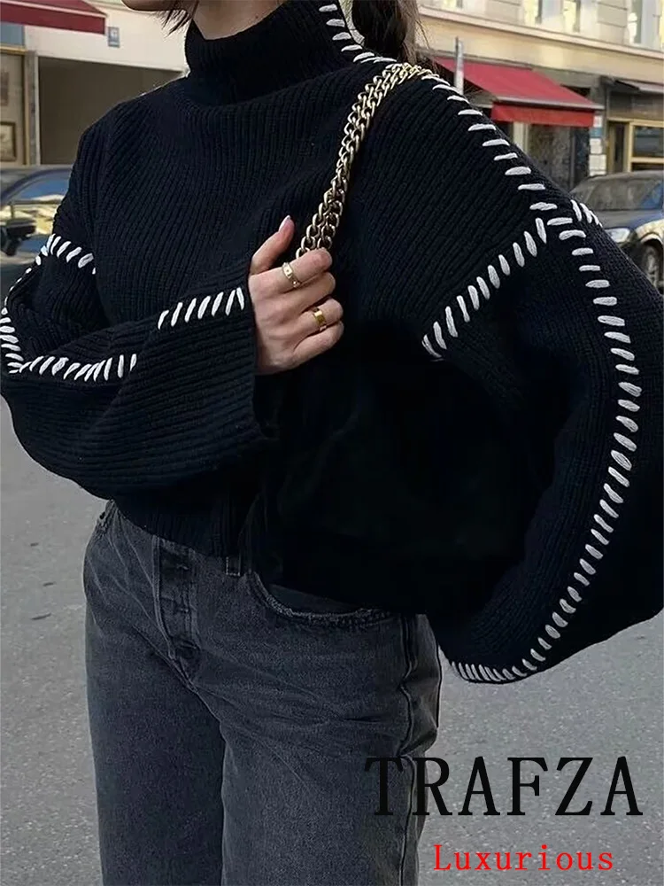 TRAFZA Vintage Casual Women Sweater Solid O-Neck Spliced Long Sleeve Knitted Loose Sweater Fashion 2024 Autumn Holiday Sweater