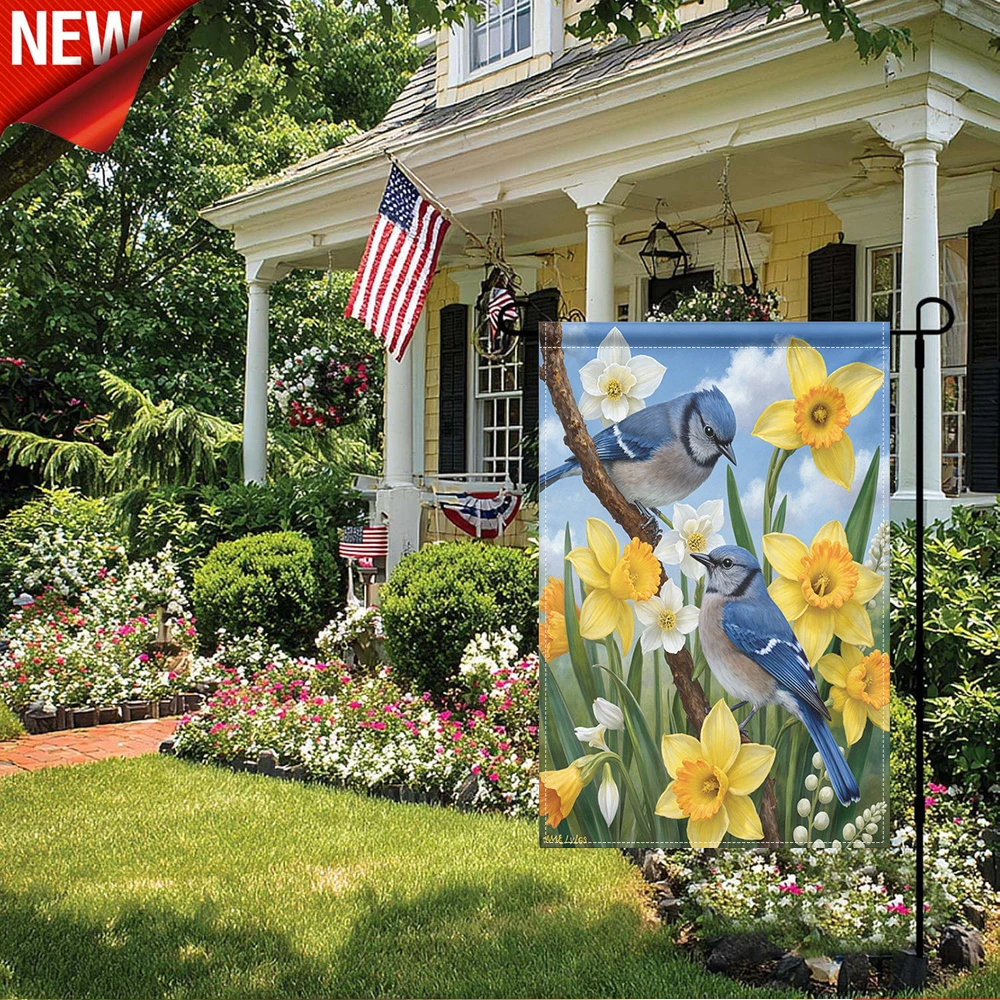 

1PC, Spring Blue Jay Daffodil Garden Flag Outdoor Floral Bird Decorative Yard Banner