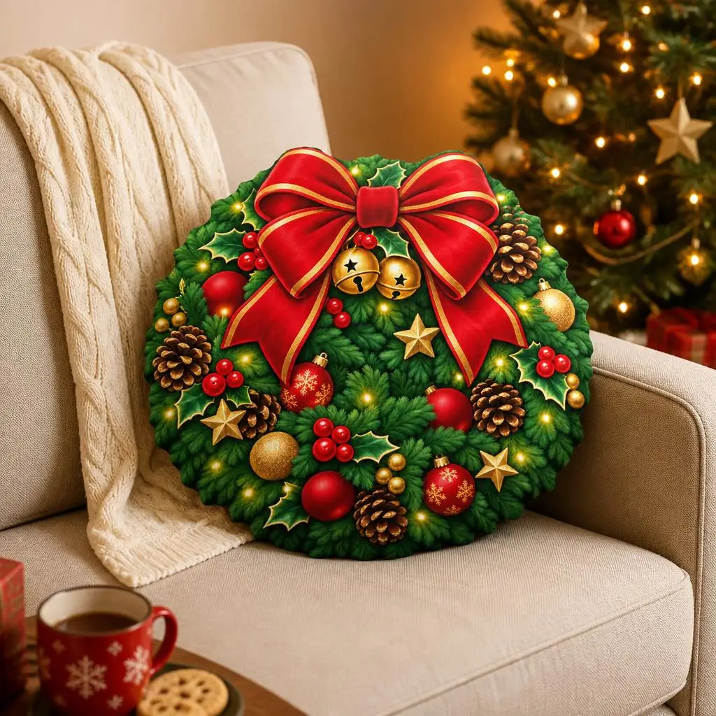 Christmas Wreath Shaped Pillow Red Bow Pine Cone Cushion Festive Holiday Throw Pillow for Sofa Home Decoration Stuffed Gift