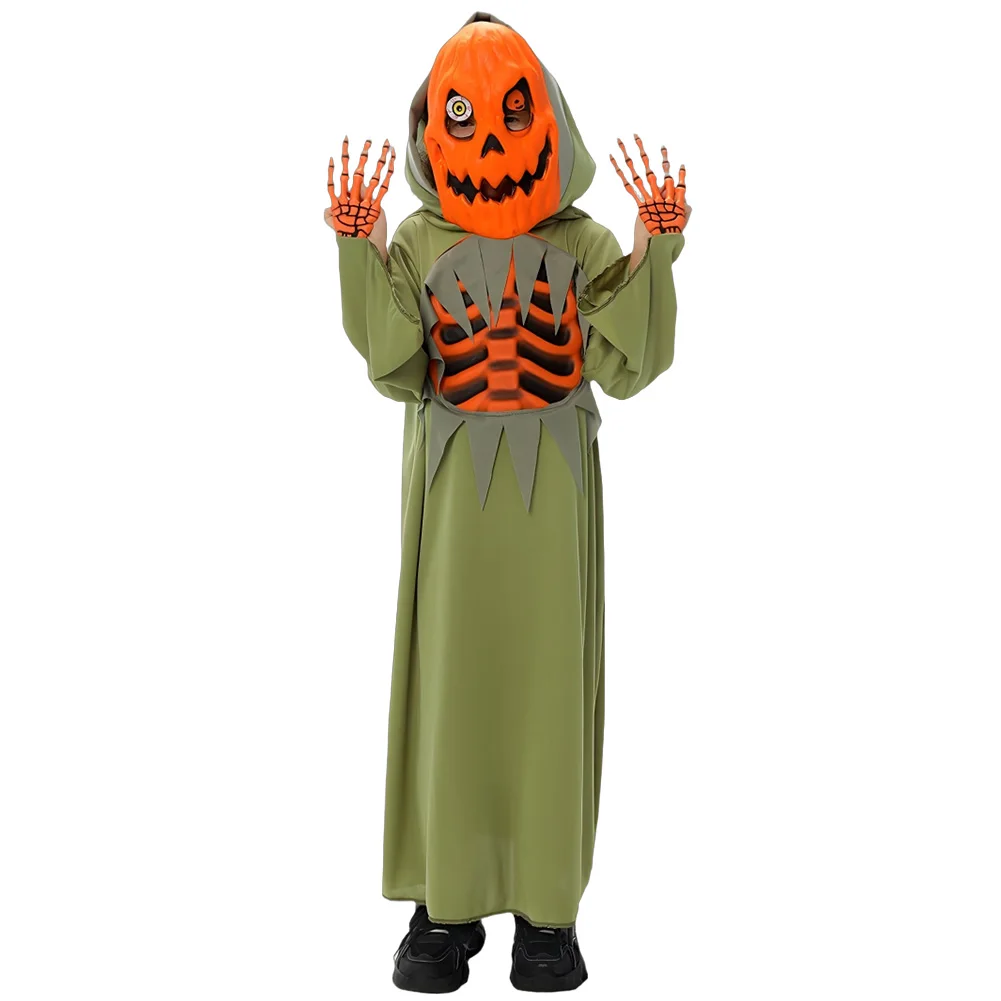 Kids Halloween Pumpkin Skeleton Mask Green Robe Outfits Children Stage Performance Costume Carnival Party Roleplay Terror Suit