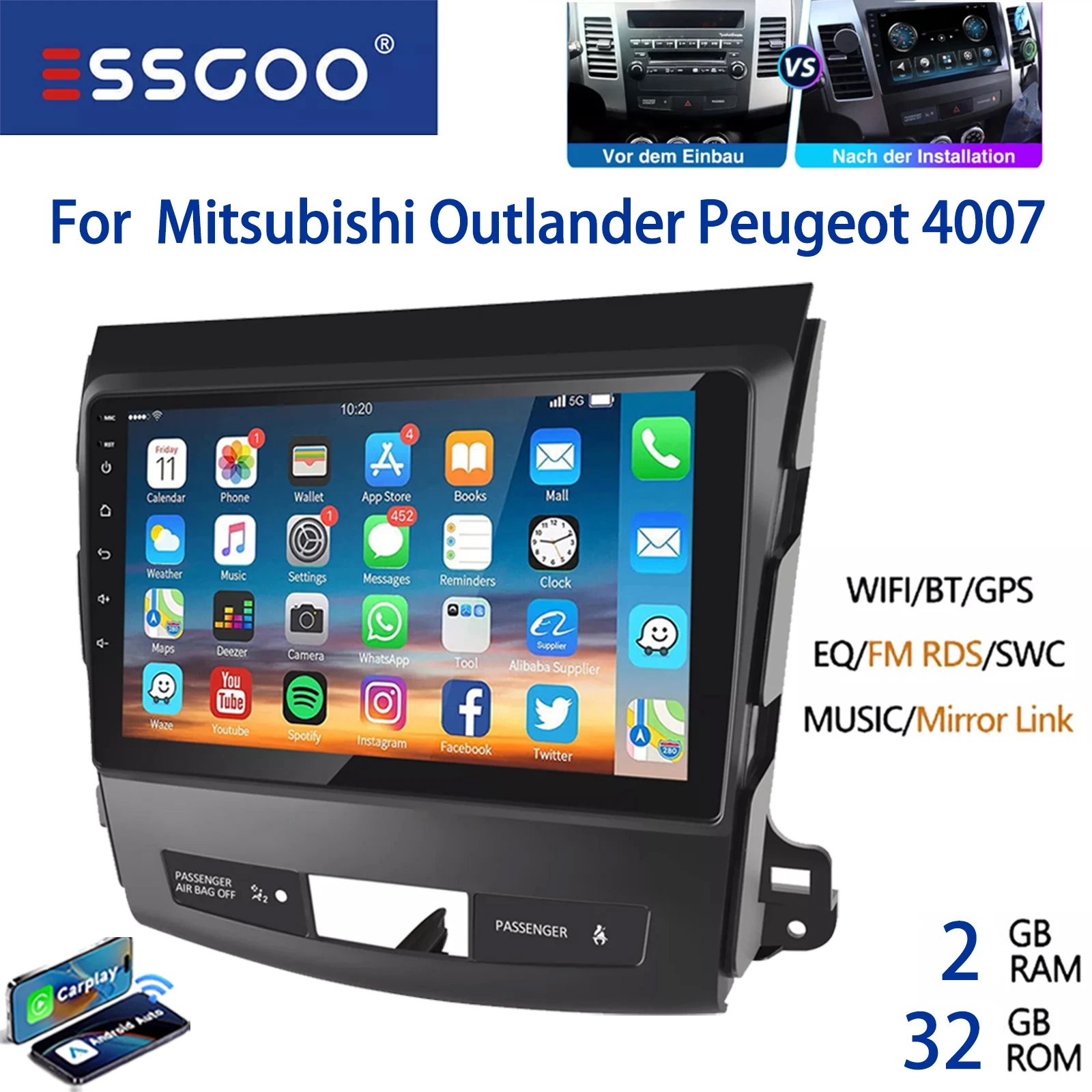 Autoradio ESSGOO Android 15 9 Inch 32G/64G voor Mitsubishi Outlander II 2006-2012 Peugeot Draadloze CarPlay Android Auto GPS Navigatie WiFi FM RDS Bluetooth Stuurwielbediening Mirror Link IPS - afbeelding 1