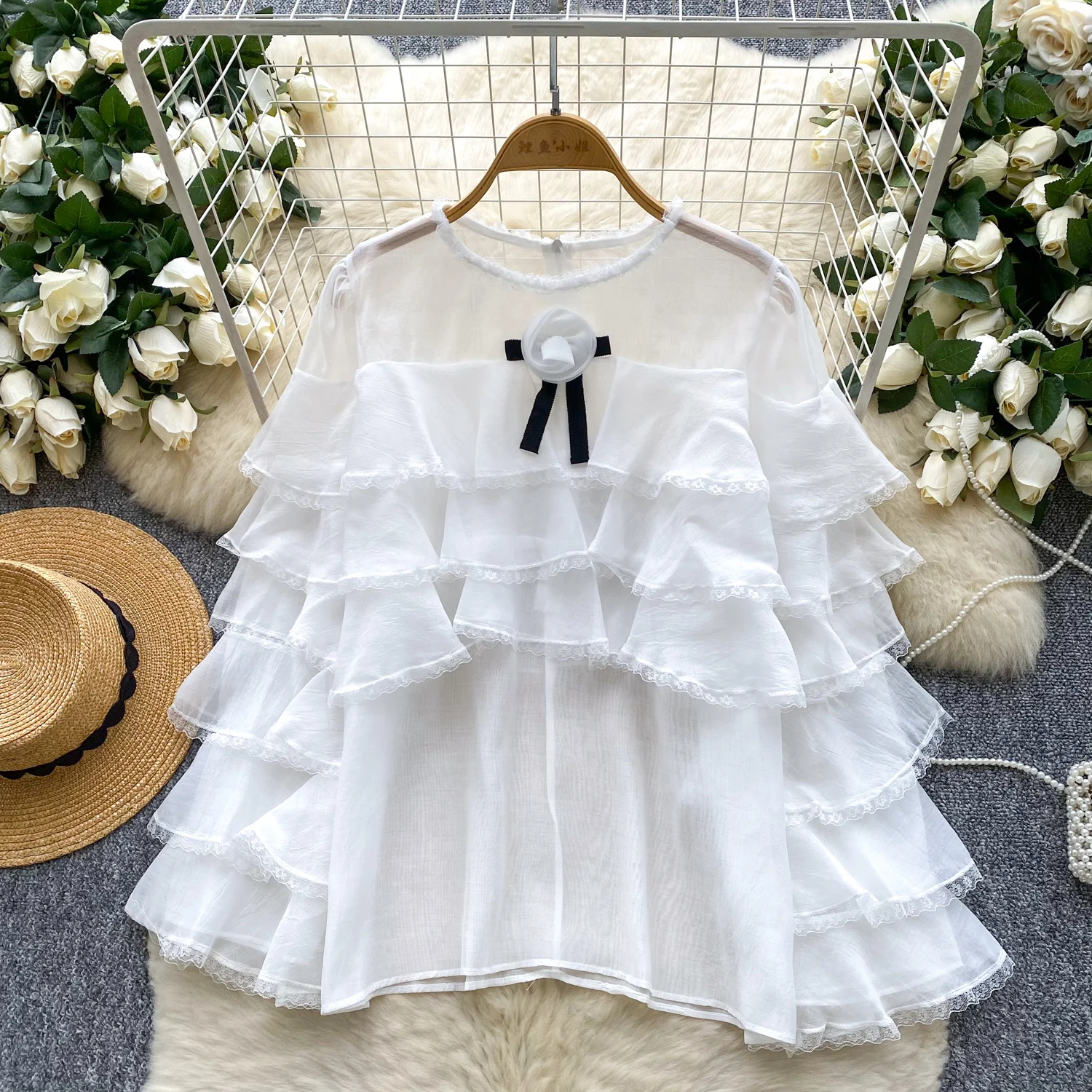 Camicetta vintage con volant O-Collo manica lunga Elegante moda donna hotsweet Camicia abbigliamento donna