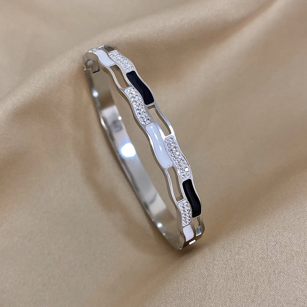 Greatera Stainless Steel White Black Enamel Rhinestone Charm Bracelet Bangles for Women Gold Plated Irregular Bracelets Jewelry