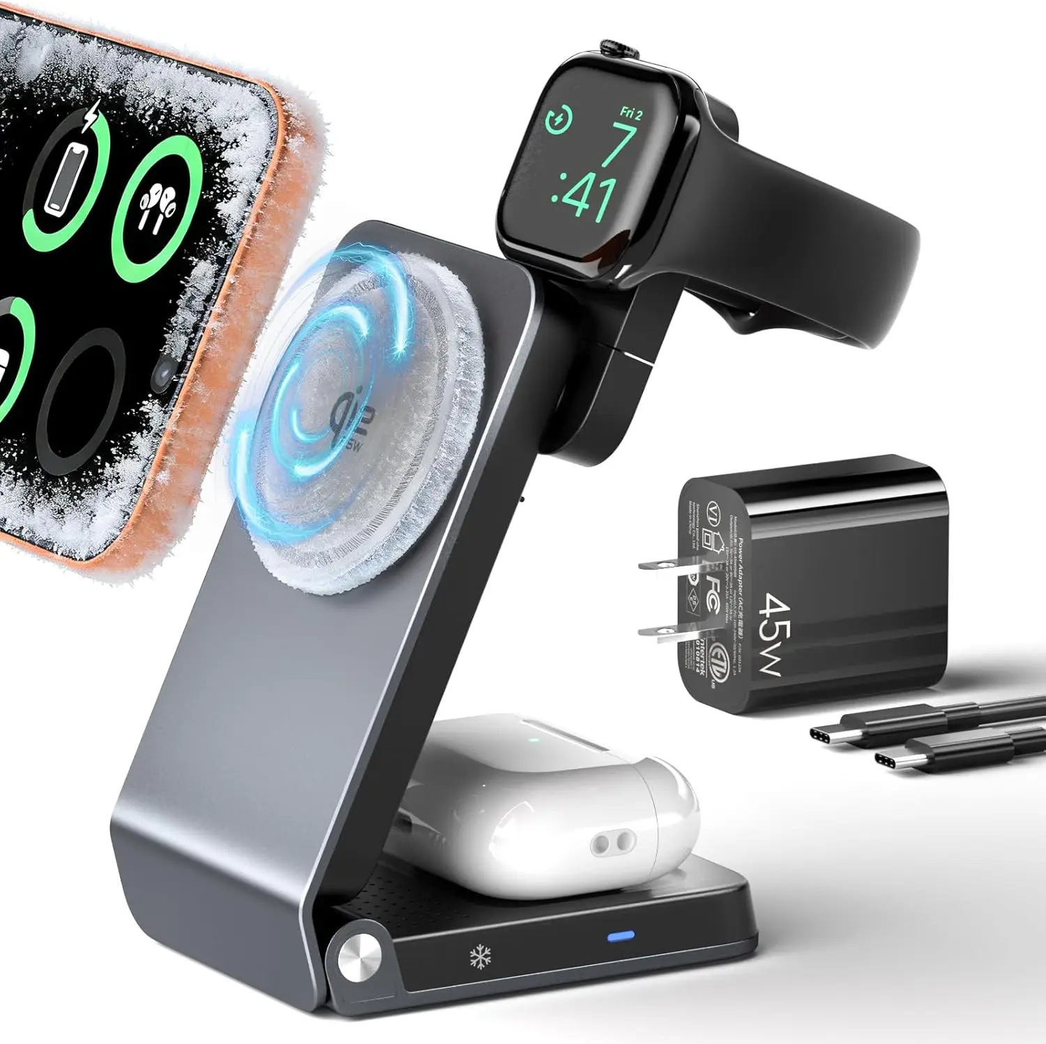 

25W 3-in-1 Fast Wireless Charging Station with Cooling Fan for iPhone, Apple Watch, AirPods - MagSafe Compatible, Aluminum Alloy Stand with 45W Adapter