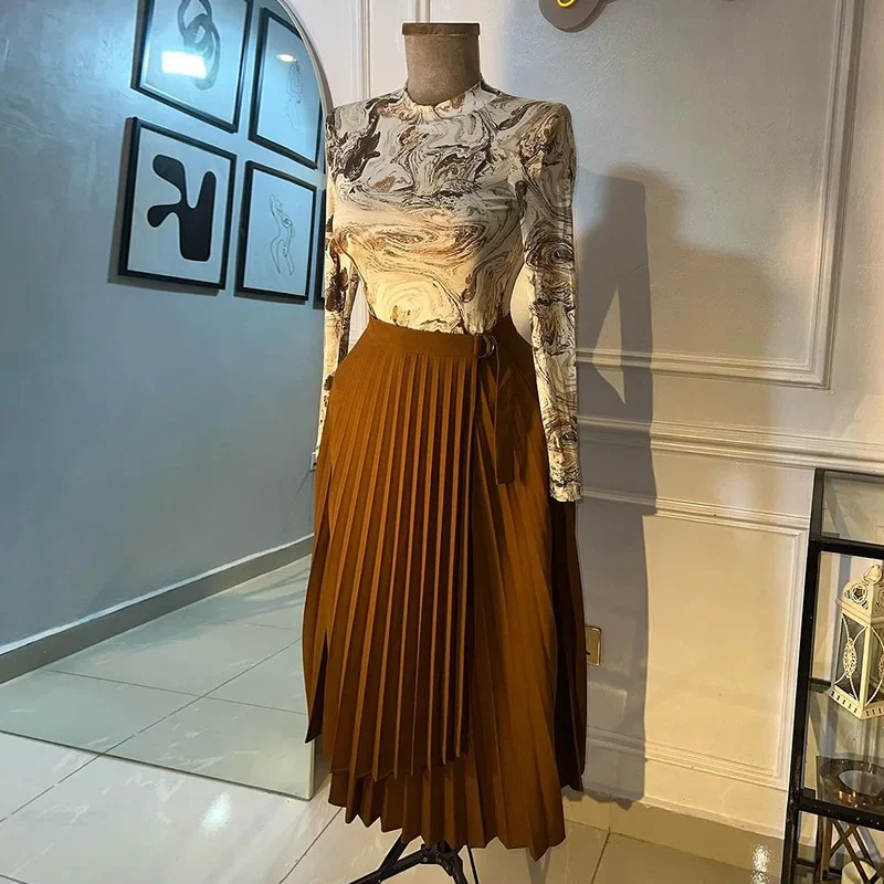 Y2k Skirts Women Pleated Skirt Mid Length Skirt Irregularity Elegant Splice A Line Lace Up Tight Waist Slim Temperament Party