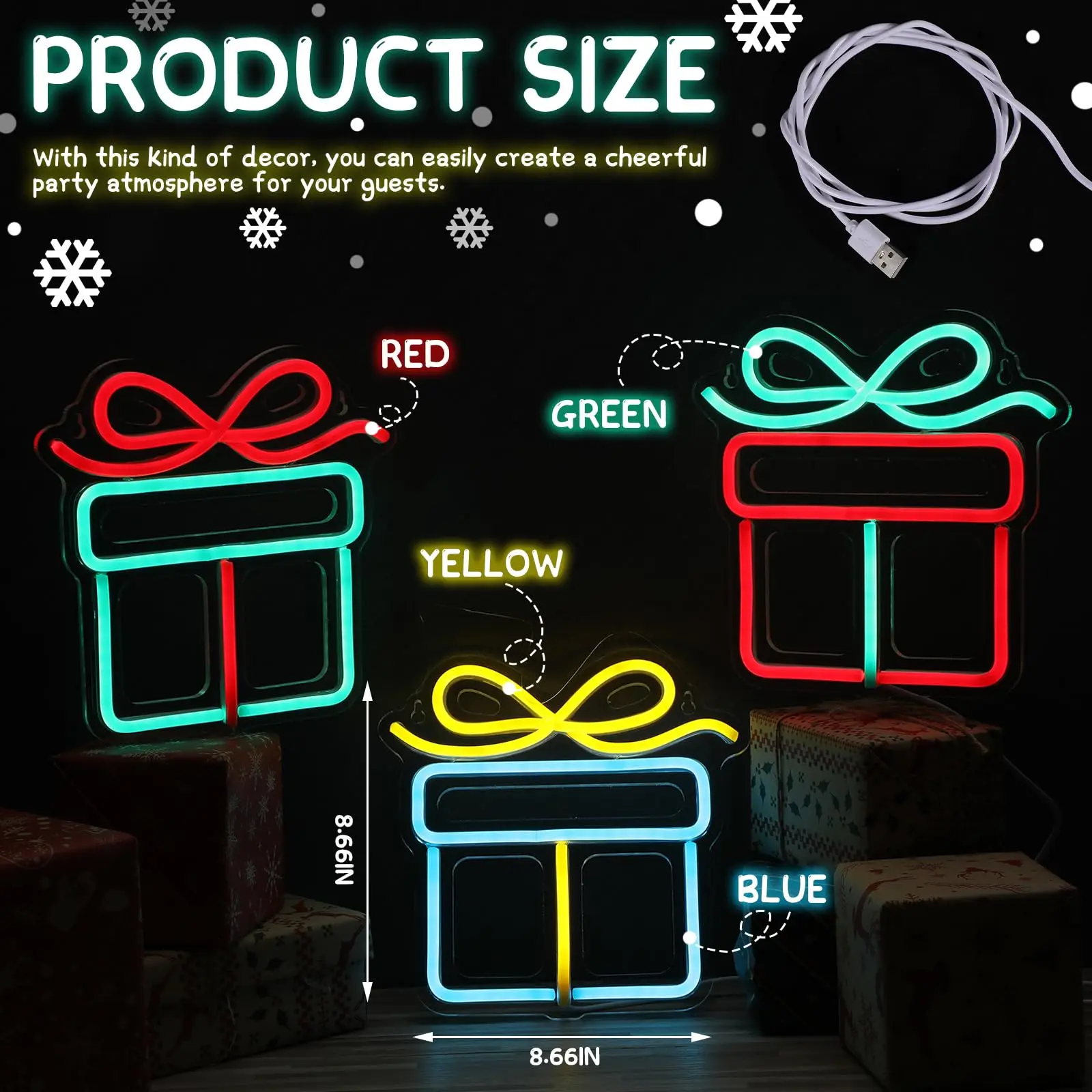 3 Pcs Christmas Gift Boxs Neon Sign with Dimmable USB Wall Bar Living Room Decor for Winter Party Holiday Night Bedroom Gifts